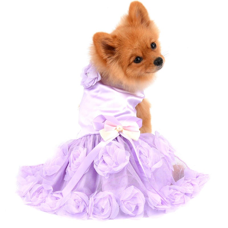 PAIDEFUL Pet Dress for Small Dog Girls Luxury Puppy Wedding Dress Rose Flower Lace Tutu Skirt Silky Bow Birthday Party Dog Clothes,Purple,Size M - Image 1